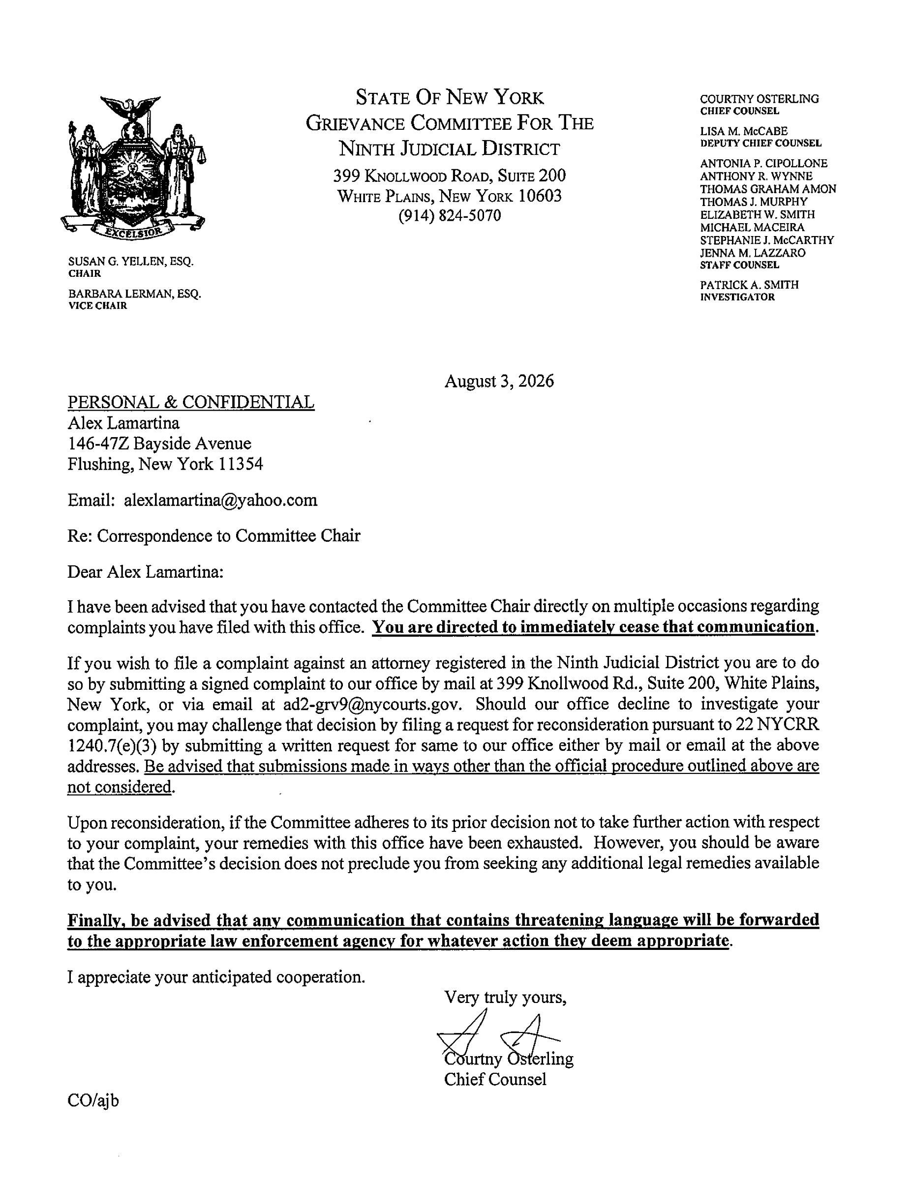 August 3, 2026 letter from Chief Counsel Courtny Osterling of the Ninth Judicial District Grievance Committee to complainant Alex Lamartina